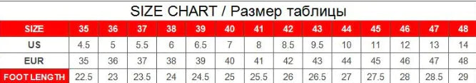 Size chart for shoes with US and EU measurements