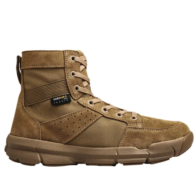 Tan high-top boot with visible brand logo on a white background