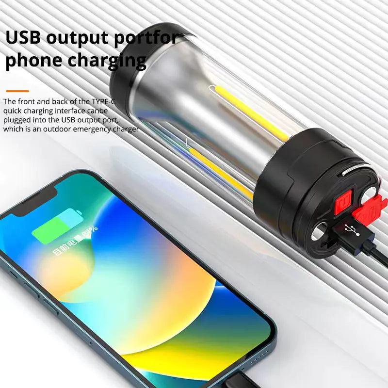 Mini light shown with USB output port for phone charging with a smartphone on a white background