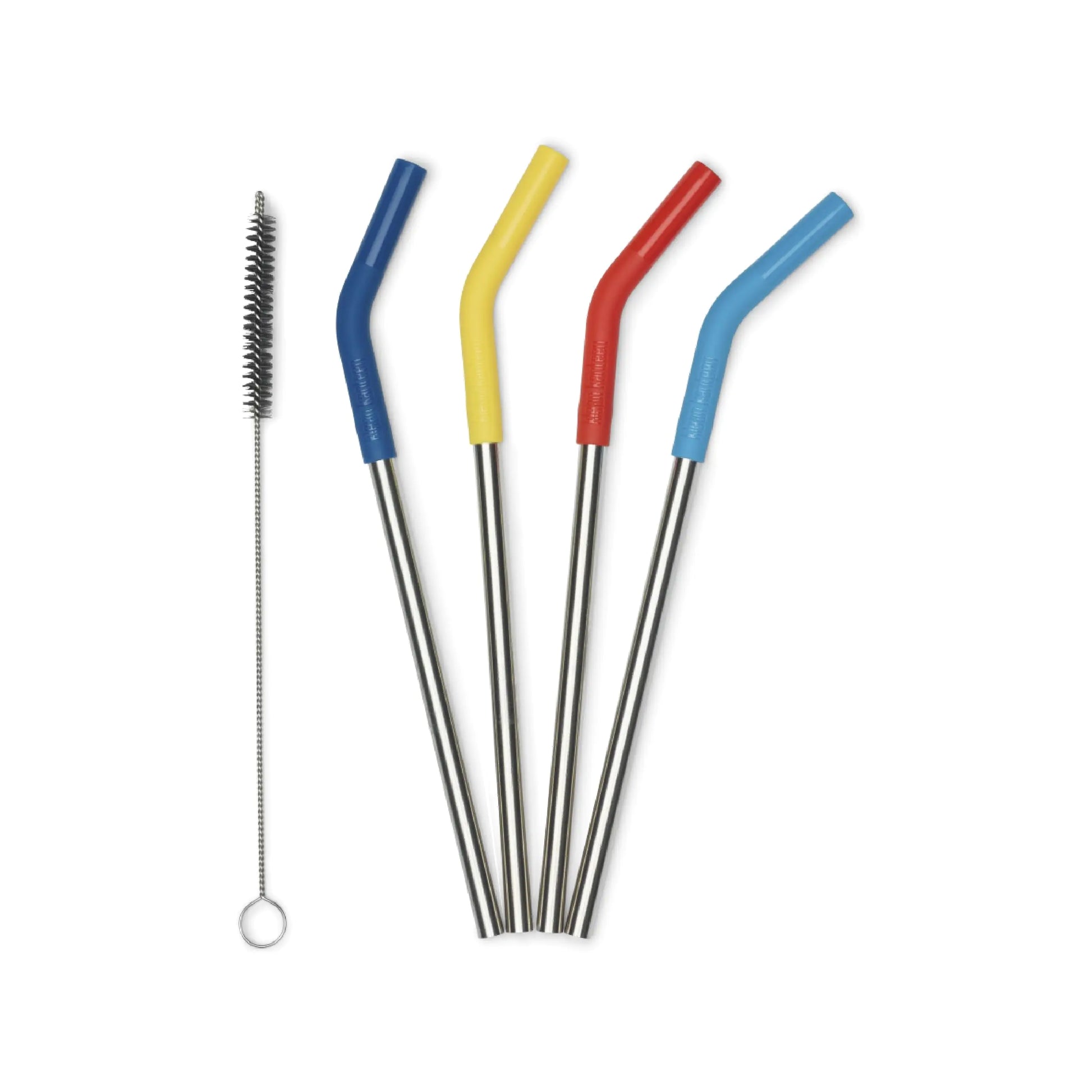 Set of colorful metal straws with a cleaning brush on a white background
