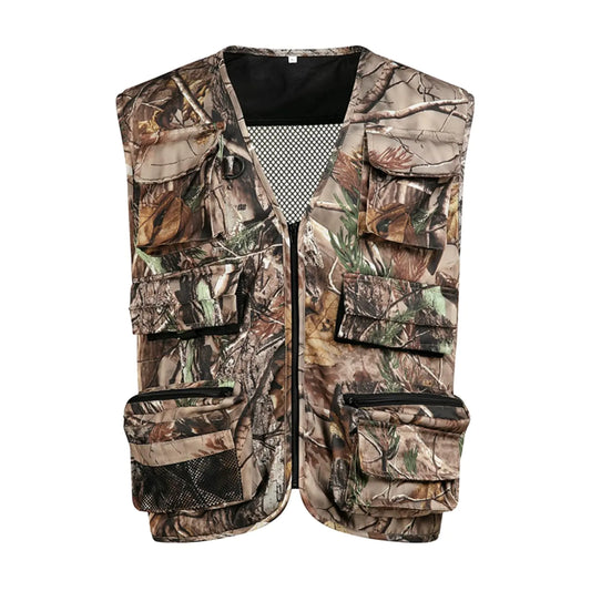 Camouflage vest with multiple pockets on a white background