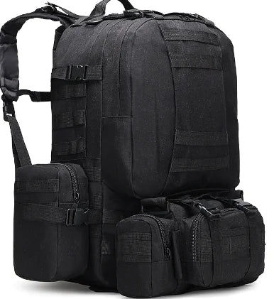 Black tactical backpack with multiple pouches on a white background