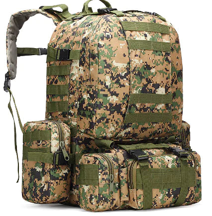 Camouflage backpack with multiple pockets on a white background