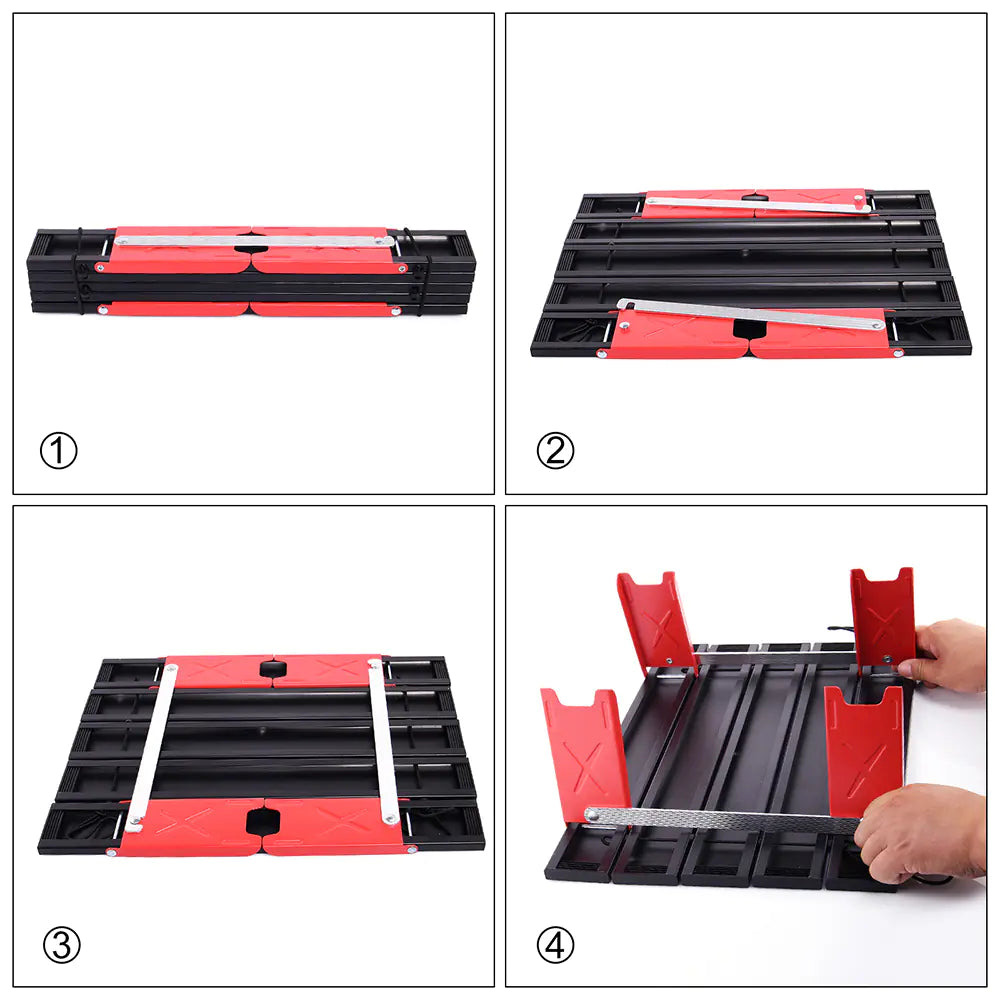 Step-by-step process of using a red and black adjustable worktable.