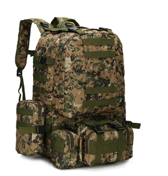 Camouflage backpack with multiple pockets on a white background