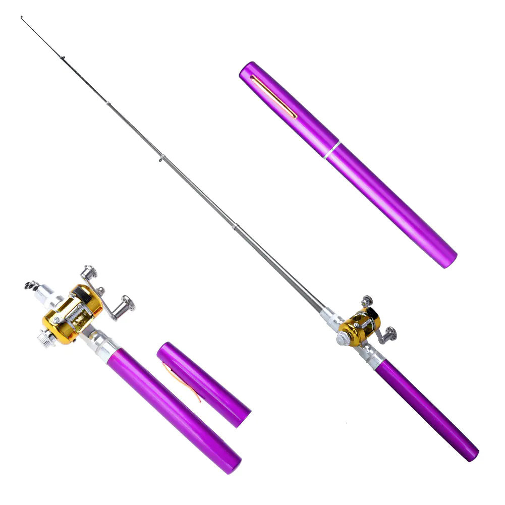 Purple fishing rod and reel set on a white background