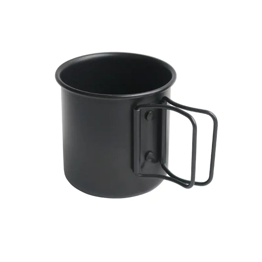 Black metal mug with handle on a white background