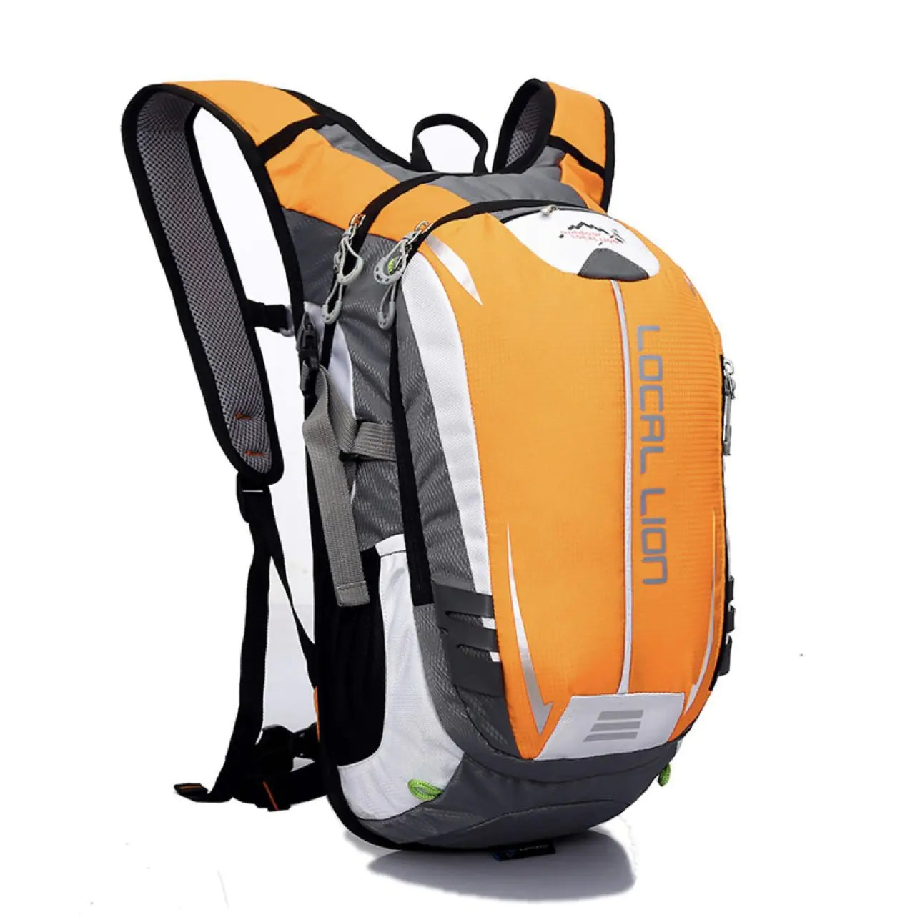 Orange and gray backpack with 'Local Lion' branding on a white background