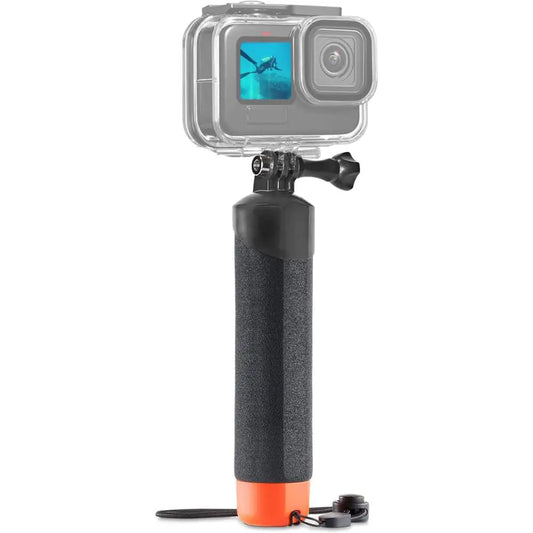 Action camera with waterproof housing and a black and orange grip on a white background