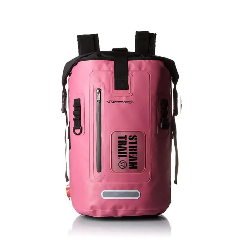 Pink waterproof diving backpack with visible branding on a white background