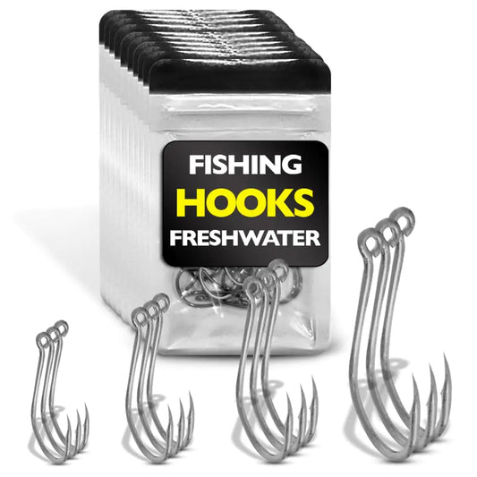 Pack of fishing hooks with a clear container labeled 'Fishing Hooks Freshwater' on a white background.