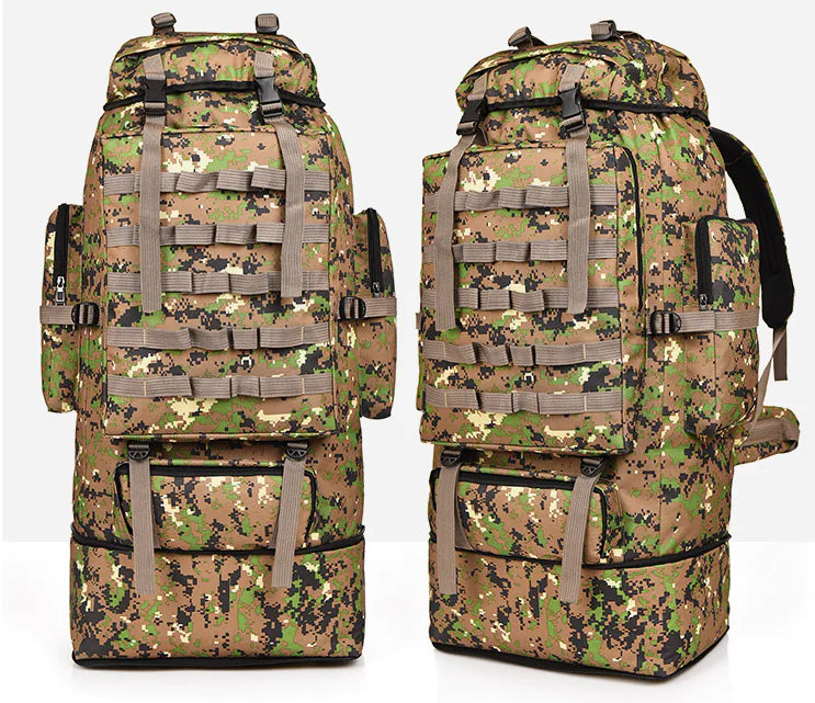 Two camouflage backpacks on a white background