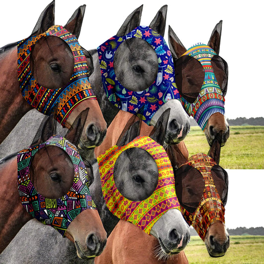 Horses wearing colorful fly masks in a field