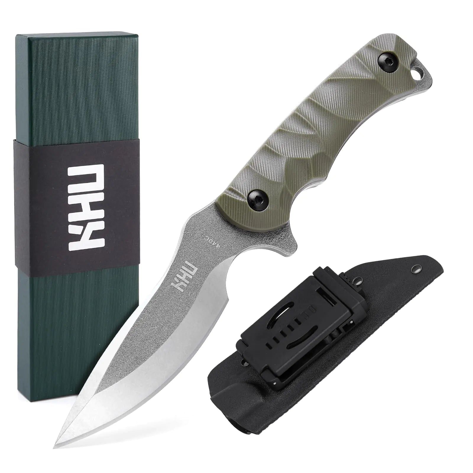 Folding knife with sheath and branded box on a white background