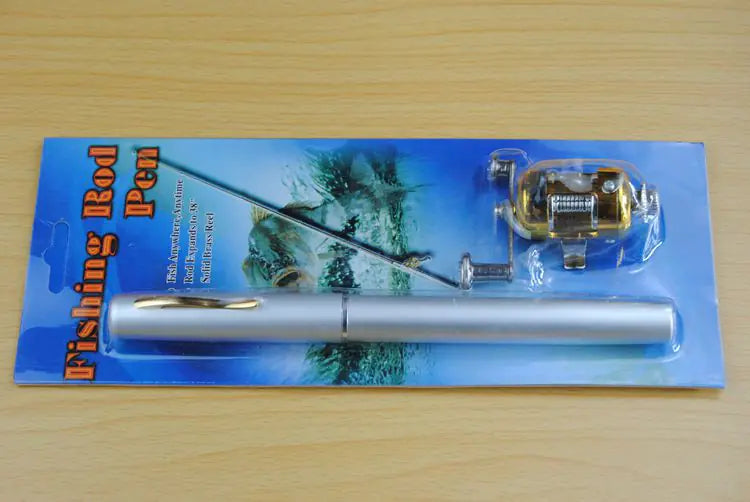 Fishing rod pen with packaging on a wooden surface