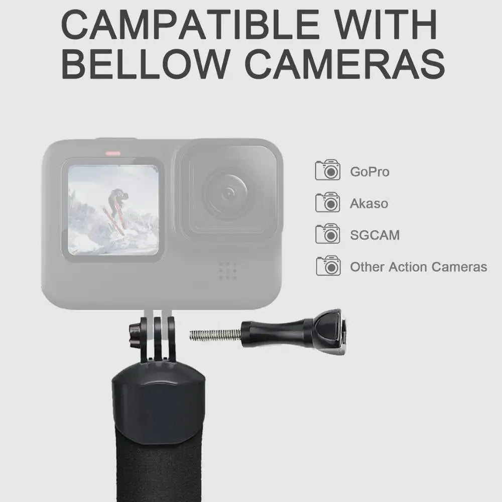 Camera mount compatible with GoPro, Akaso, SGCAM, and other action cameras on a gray background.