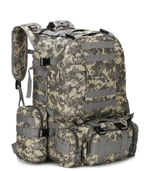 Camouflage backpack with multiple pockets and straps on a white background