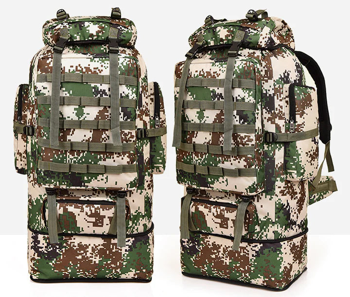 Camouflage backpacks with multiple pockets and straps on a white background