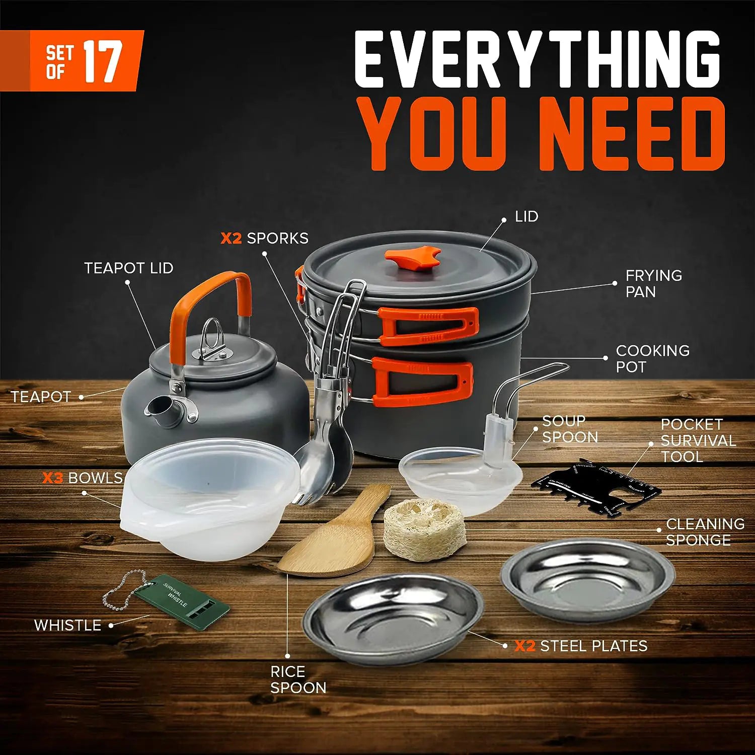 Set of camping cookware with labeled components on a wooden surface.