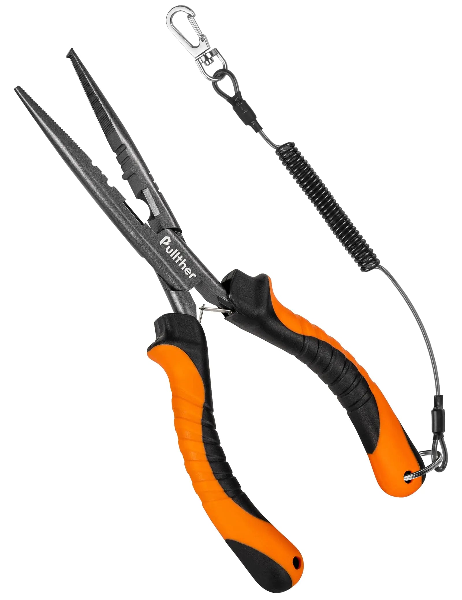Fishing pliers with orange handles and a coiled lanyard on a white background