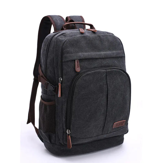 Gray backpack with brown accents on a white background