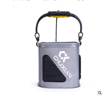Gray fishing water bucket with black handle and visible brand logo on a white background