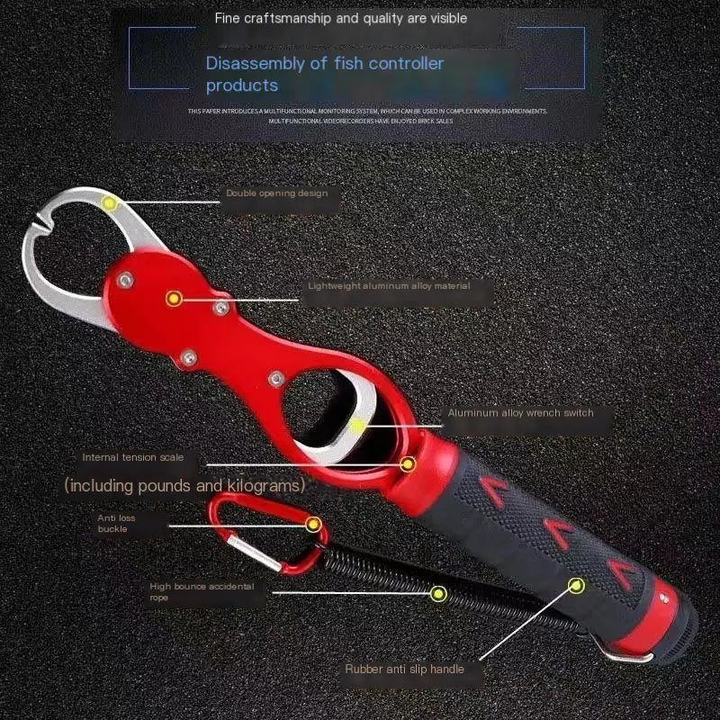 Red and black fish controller with labeled features on a dark background