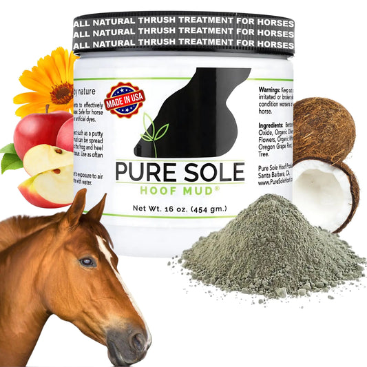 Pure Sole hoof mud product for horses with a horse's head in the foreground