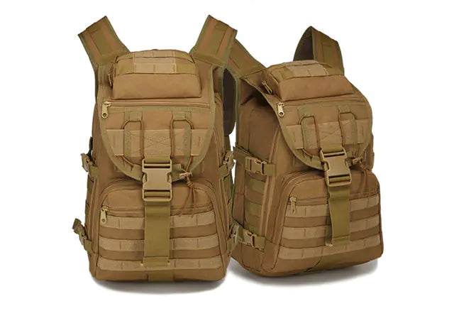 Two tan tactical backpacks on a white background
