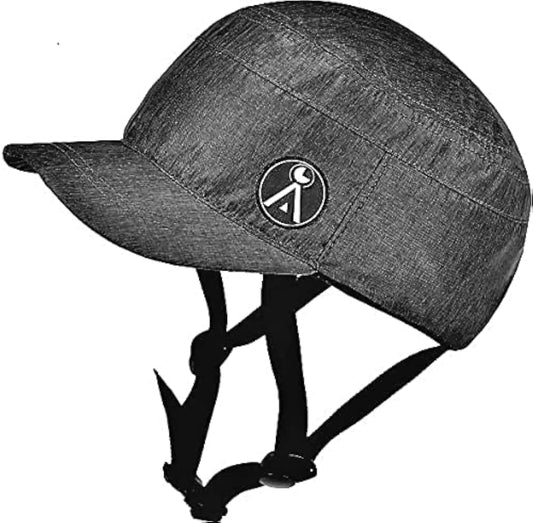 Gray surf helmet with a logo on a white background
