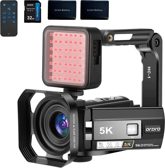 5K camcorder with LED light and accessories on a white background