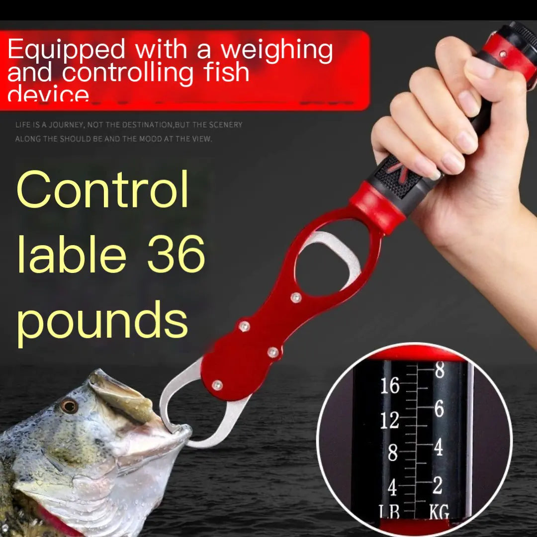 Fishing weight control device held by a hand with text about its capacity and features.