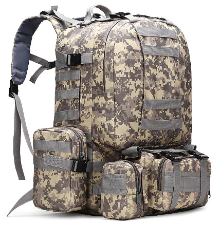 Camouflage backpack with multiple compartments on a white background