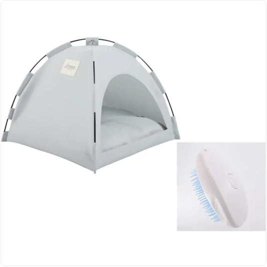 Pet cooling tent with a cooling mat inside and a grooming brush on a white background