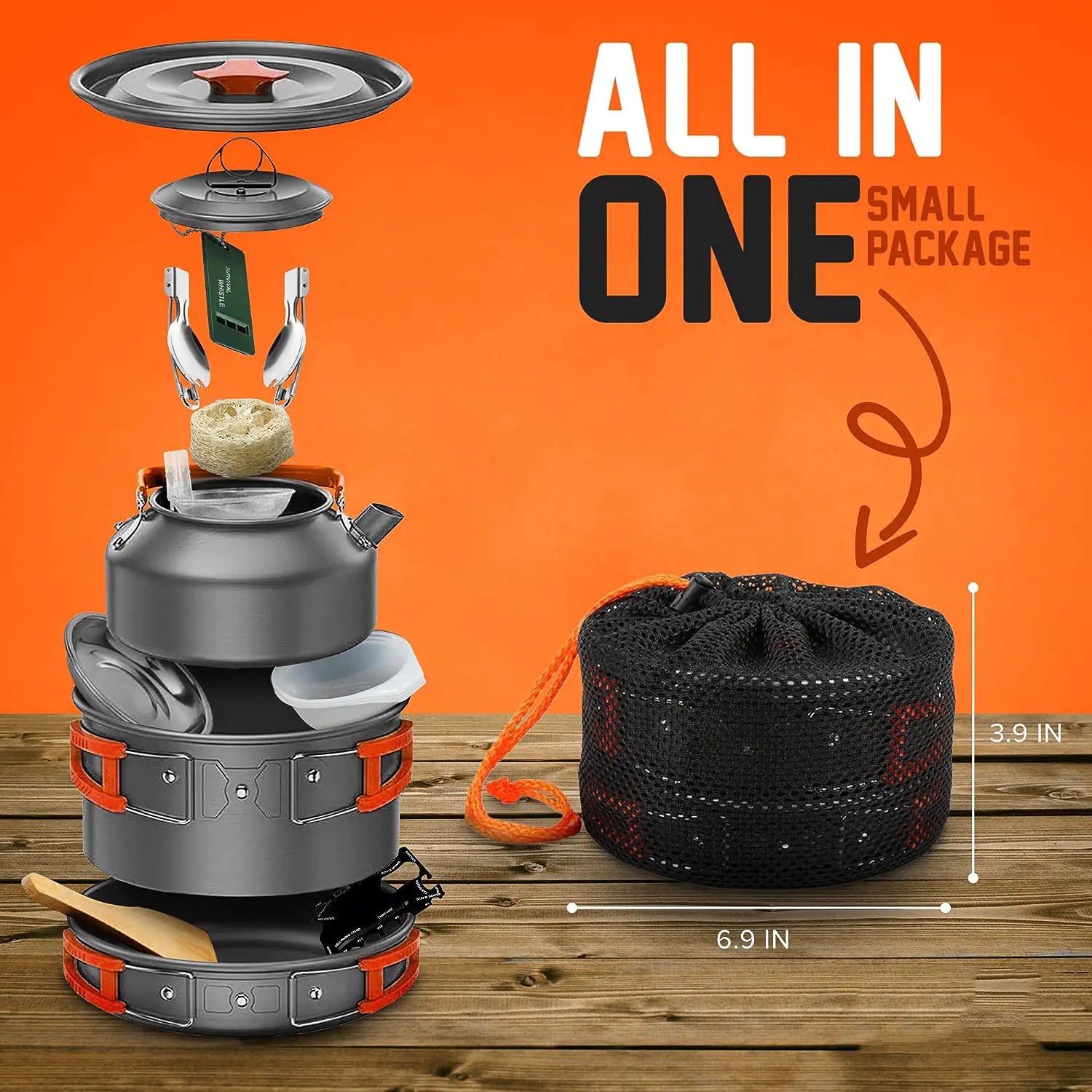 Portable camping stove set with accessories on an orange background left side shows all you get, right side shows everything nested together  in drawstring bag