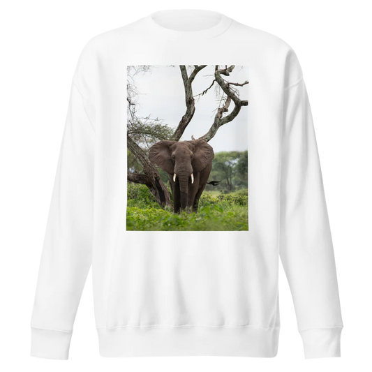 White sweatshirt with an elephant graphic on a white background