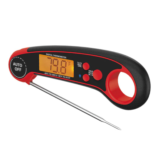 Digital thermometer with red and black casing on a white background