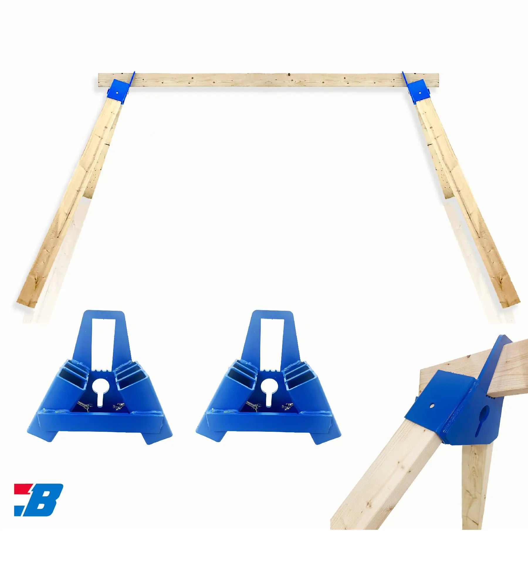 Saw horse style frame with blue clamps to hold it together and hand paper or metal targets on