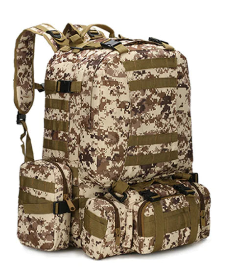 Camouflage backpack with multiple pockets on a white background