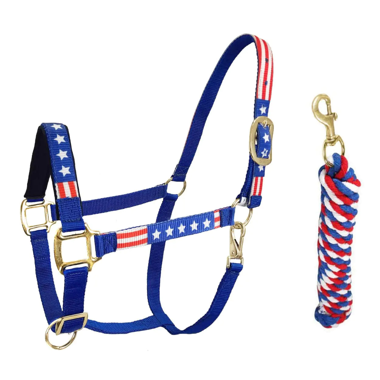 Horse halter and lead rope with American flag design on a white background