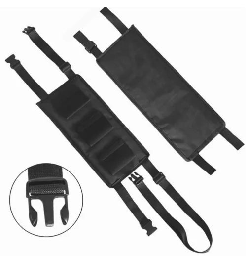 Fishing rod holder for vehicle rear seat with close up of buckle style
