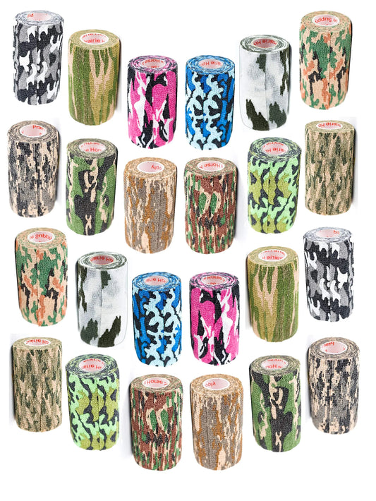 Assorted rolls of camouflage vet wrap tape in various patterns on a white background