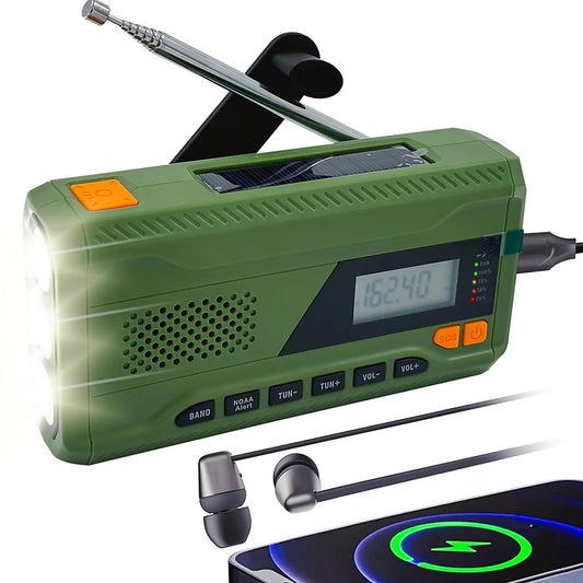 Green portable weather radio with antenna, earbuds, and handcrank