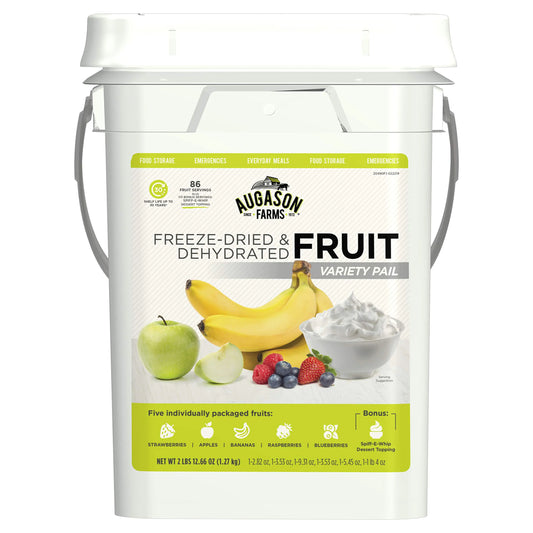 Augason Farms freeze-dried and dehydrated fruit variety pail on a white background