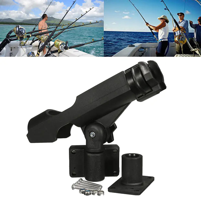 Black fishing rod holder with mounting hardware on a white background, with images of people fishing in the background.