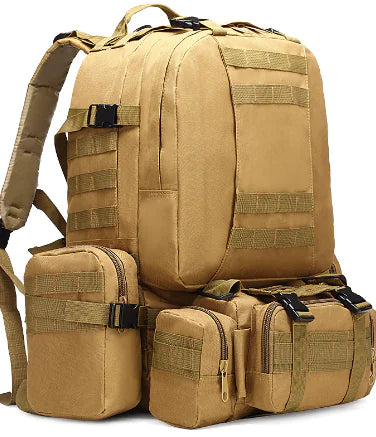 Tan tactical backpack with multiple pouches on a white background