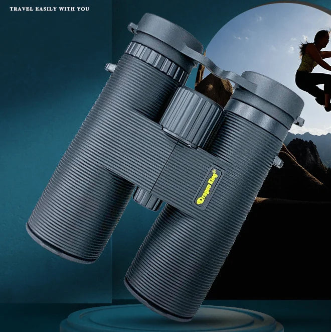 Black binoculars with a brand logo on a dark blue background