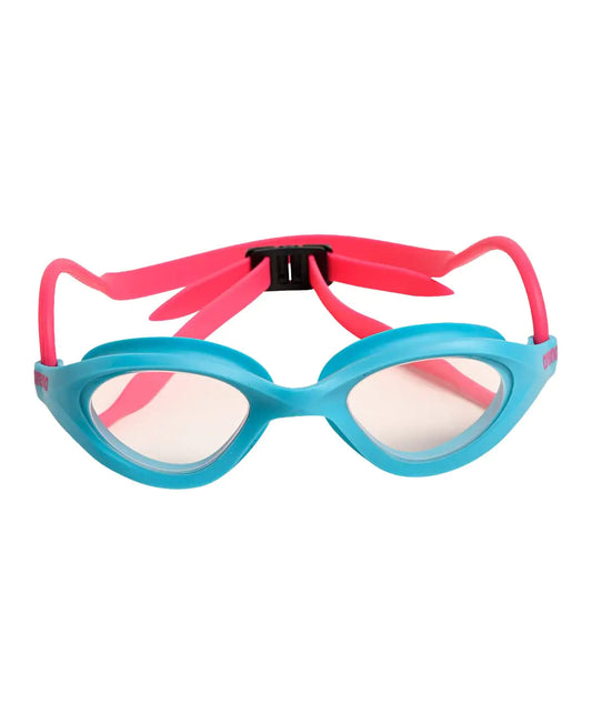 Swimming goggles with pink frame and blue lenses on a white background