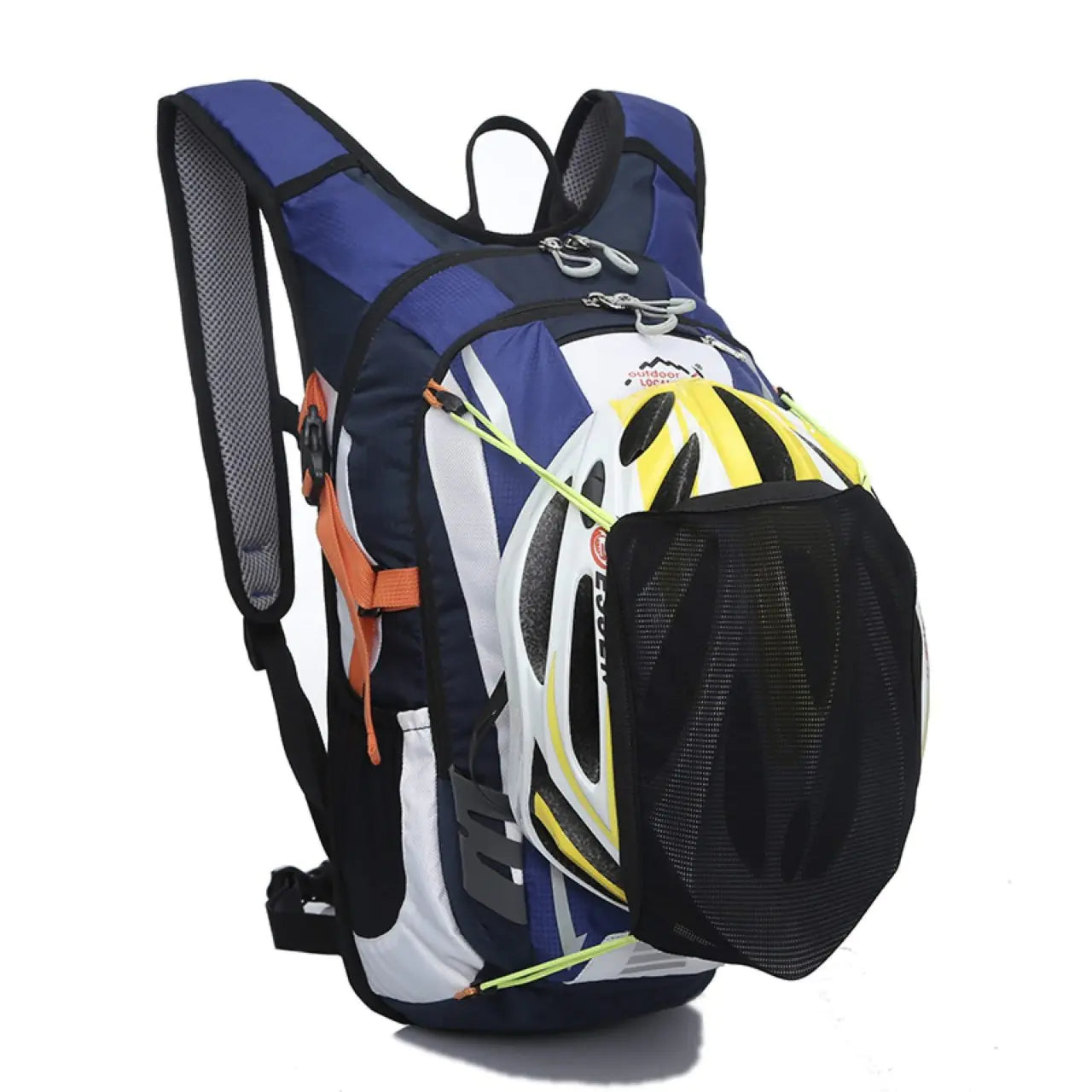 Multicolored hydration backpack with a visible brand logo on a white background
