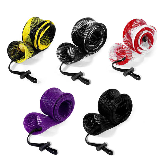 Set of colorful fishing rod covers with black clips on a white background